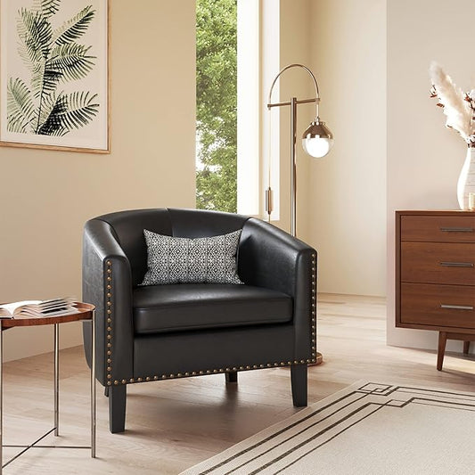 BELLEZE Accent Barrel Chair, Set of 2 Modern Faux Leather Tub Club Chair Upholstered Armchair with Gold Nail Head Trim and Black Legs for Living Room Bedroom Apartment Lounge - Dark Brown