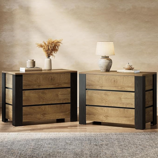 Tribesigns 36" Wide Nightstand Set of 2, Extra Large Night Stand with 3 Drawers, Oversized Nightstand Bedside Table for Bedroom, Farmhouse Side End Table with Storage, Natural