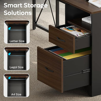 Bestier L Shaped Desk with 4 Drawers, 63" x 47" Executive Desk with Open Storage & Monitor Stand, Corner Desk with 2 File Drawers & Modesty Panel for Home Office, Cherry
