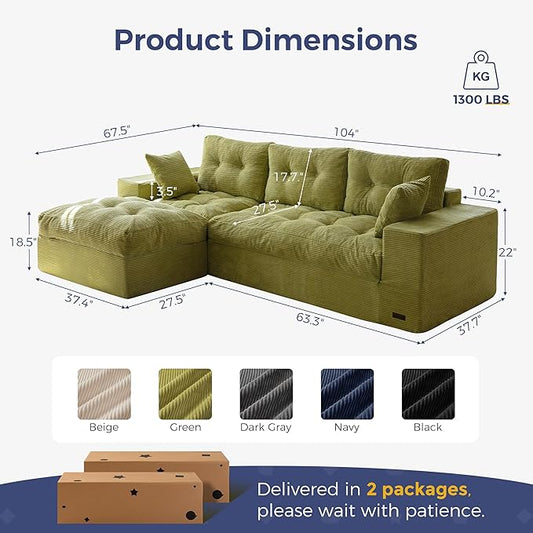 MAXYOYO 104" L Shaped Modular Sectional Sofa with Ottoman, Cloud Boneless Couch with Layered Cushion, Upholstered Sofa in a Box, Flexible Module Combination for Living Room, No Assembly, Green