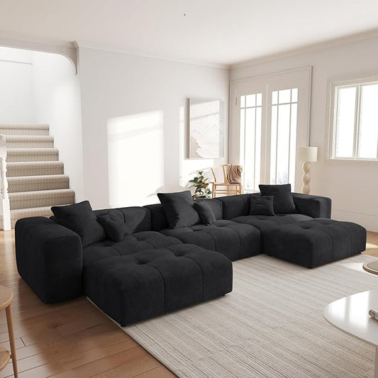 JACH 144.1 Inch U-Shaped Modular Sofa, Mid Century Modern Deep Seat Sectional Couch, 3-Seater Sofas with Chaise Ottomans for Living Room, Cozy Sofas for Apartment, Living Room (Linen Fabric, Black)
