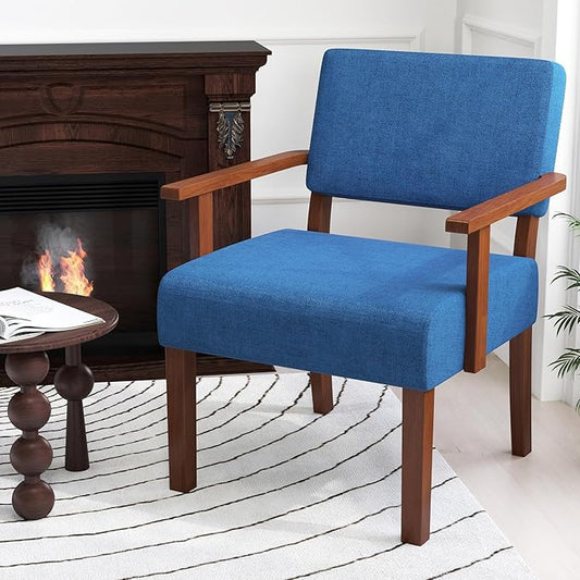 KOMFOTT Upholstered Accent Chair, Mid-Century Modern Armchair with Rubber Wood Frame, Linen Fabric Living Room Chair with Padded Seat & Backrest, Comfy Reading Chair for Bedroom, Waiting Room, Blue