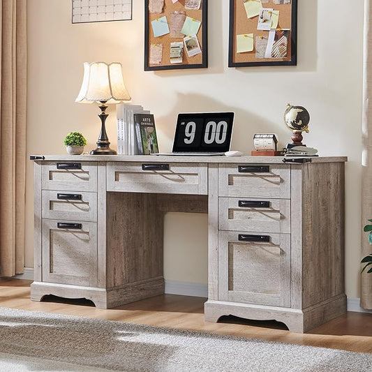 RedLemon 60" Farmhouse Executive Desk, Home Office Desk with Drawers, Charging Station, Keyboard Tray, File Drawer, Storage Cabinet, Wood Rustic Computer Writing Desk (Light Rustic Oak)