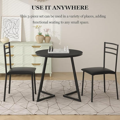 VECELO Small Round Kitchen Table with 2 Upholstered Chairs, 3-Piece Wood Dinette Sets with Steel Frame for Breakfast Nook, Dining Room, and Small Space, Wood-Grain Black