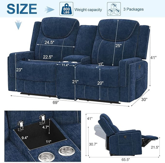 Loveseat Recliner Sofa, Manual Reclining Loveseat Sofa with Storage Console, Cup Holders, USB Ports, Modern Luxury Large Navy Blue Linen Recliner Couch for Living Room/RV