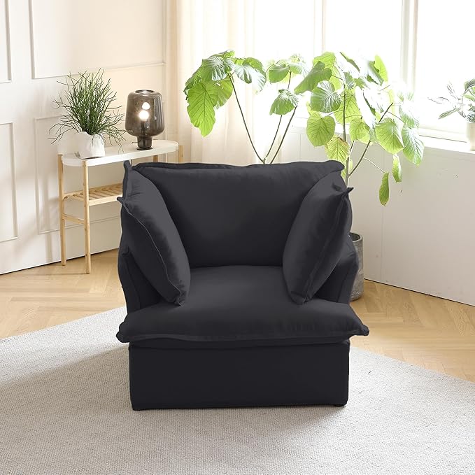 JACH Modern Comfy Couch Chair with Thick Cushion, Couch Single Accent Chair Deep Seat Sofa Couches, Hemp Velvet Sofas Furniture for Small Spaces Living Room Bedroom Office Apartment (Black)