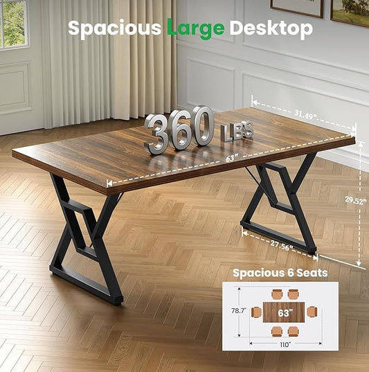 63" Large Executive Desk - Computer Office Desk Workstation, Modern Business Writing Table with Sturdy Metal Legs for Home Office (Dark Walnut/Black)