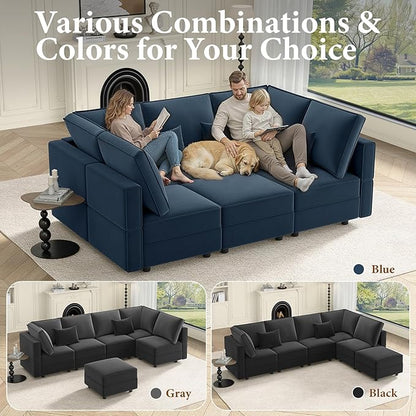 Vesgantti Sectional Sleeper Sofas with Storage, 92" Sofa Bed with 6 Seats Storage Chaises Removeble Cover, Deep Seat Modular Couches Velvet Couch Set for Living Room, Apartment, Home Theatre, Blue