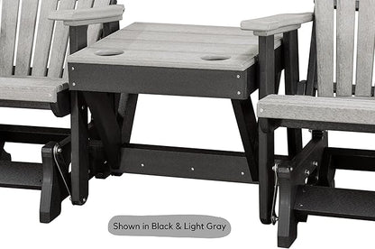 DutchCrafters Slat Fan Back Double Poly Adirondack Glider Outdoor Patio Chairs with Center Table (White & Cedar)