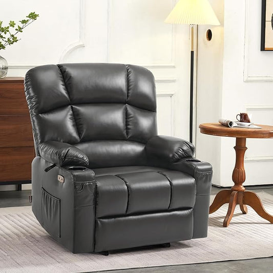 MCombo Oversized Dual Motor Power Lift Recliner Chair Sofa with Massage and Heat for Big Elderly People, Infinite Position, USB Ports, Faux Leather R7677 (Dark Grey, Medium-Oversize)