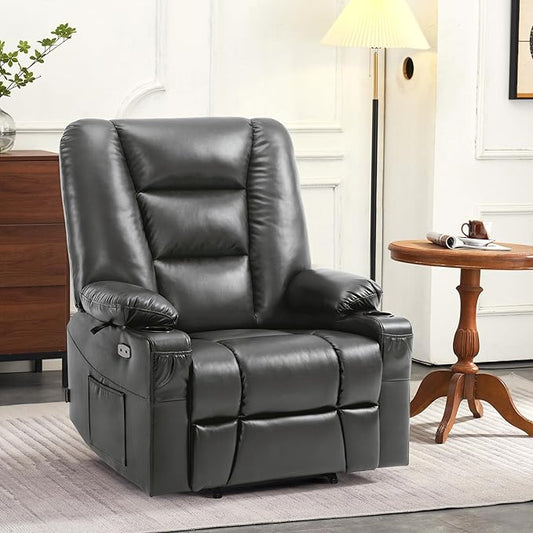 MCombo Oversized Power Lift Recliner Chair with Massage and Heat for Big and Tall Elderly People, Cup Holders, USB Ports, Side Pockets, Faux Leather R7541 (Dark Grey, Large-Oversize)