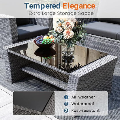 Wisteria Lane 4 Piece Patio Furniture Set, Wicker Outdoor Patio Conversation Furniture Set, All Weather Outdoor Patio Sofa with Cushion and Glass Table, Dark Grey