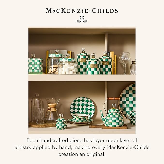 MACKENZIE-CHILDS Large Kitchen Canister, Decorative Glass Storage Jar with Lid, Green-and-White Emerald Check