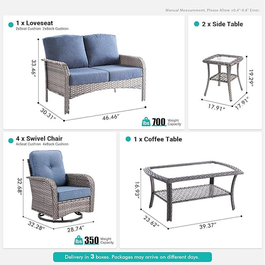 8 PCS Patio Outdoor Furniture Set with Swivel Rocking Chairs,All Weather Wicker Rattan Patio Seating Sofa and Chairs Set,Outdoor Conversaiton Sets for Deck Yard Prrch Garden Poolside,Blue