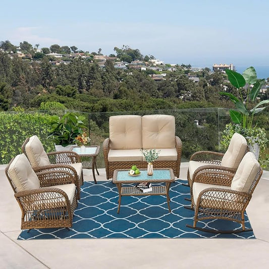 VIVIJASON 7-Piece Outdoor Patio Wicker Conversation Sets, All Weather Outdoor Rattan Furniture Set Includes Glider Loveseat, 2 Rocking Chairs, 2 Glider Rocker Chairs, 2 Coffee Table, Light Brown