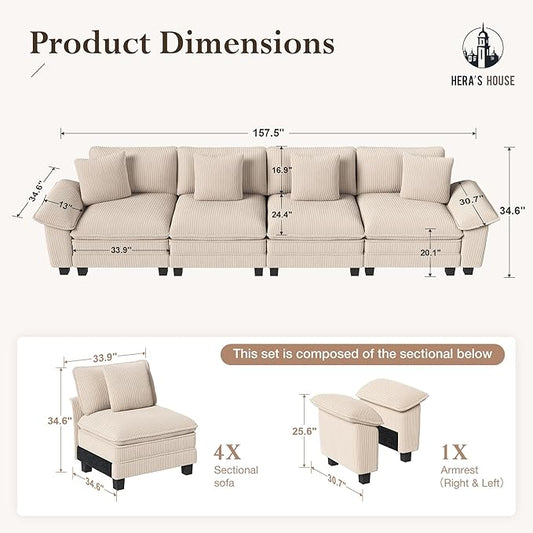 HERA'S HOUSE 158" Modular Sectional Sofa, Oversized Couches for Living Room, Comfy Cloud Couch 4-Seater Deep Seat Sofa with Throw Pillow, Corduroy Beige