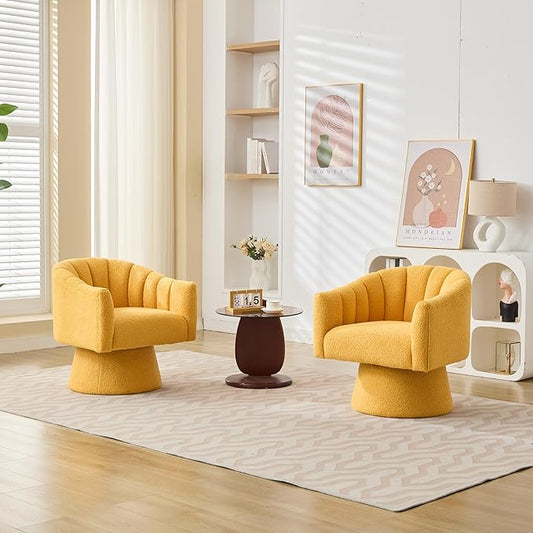 Swivel Accent Chair Set of 2, Upholstered Teddy 360° Swivel Barrel Chair for Living Room Overstuffed Bouncle Reading Chair Round Armchair for Bedroom,Vanity,Office-Mustard