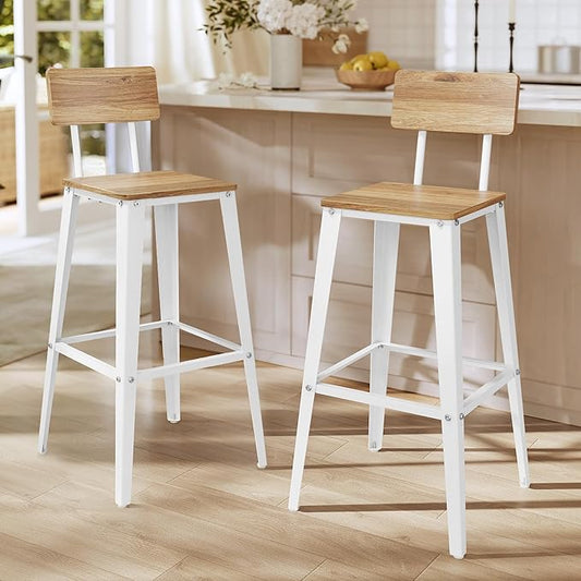 VASAGLE Set of 2 Bar Stools, Bar Height Stools, 29.1 Inches Tall Barstools with Back, Counter Bar Chairs for Kitchen Island, Steel Frame, Industrial Style, Easy Assembly, Wheat Brown and Cloud White