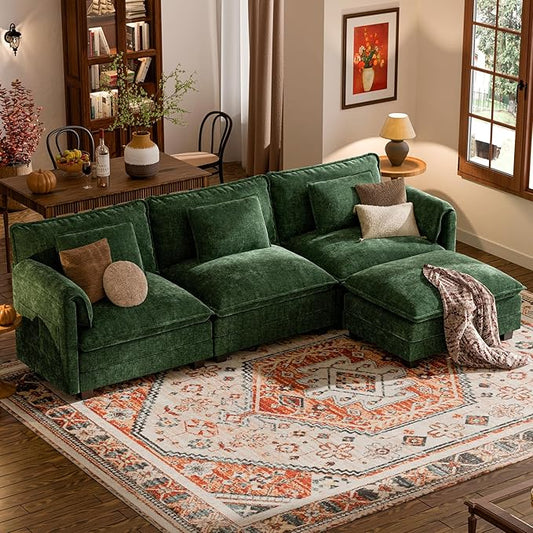 ELUCHANG 113" Modular Sectional Sofa, Comfy Cloud Couch, L Shaped Deep Seat Sofa Couches for Living Room, 4-Seater Modern Sofa with Movable Ottoman, DIY Combination - Chenille Olive Green