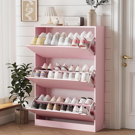Shoe Storage Cabinet for Entryway with 3 Flip Drawers, Sturdy Wood Hidden Shoe Storage, Freestanding Narrow Slim Shoe Organizer for Front Door Entrance, Living Room, Hallway, Bedroom, Pink