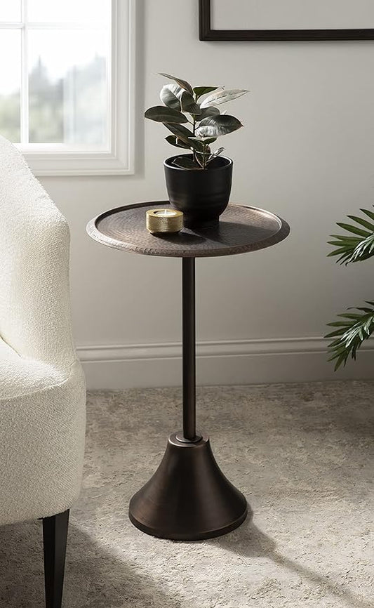 Kate and Laurel Sanzo Modern Pedestal Side Table; 15 x 15 x 24; Bronze; Decorative End Table with Hammered Tabletop for Use as a Bedroom Nightstand or Living Room Accent