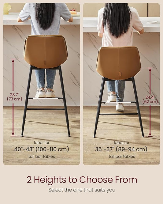 VASAGLE Bar Stools Set of 2, Bar Height Bar Stools with Back, Ergonomic Backrest, Synthetic Leather, Metal Legs, 28.7-Inch Tall Barstools for Kitchen Island Home Bar, Easy Assembly, Caramel Brown