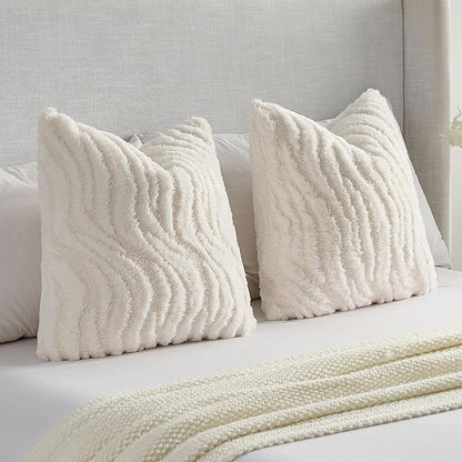 FUTEI White Decorative Throw Pillow Covers 26x26 Inch Set of 2,Soft Faux Fur Geometric Shapes Texture Euro Pillow Shams,Boho Home Decor for Couch Bed Living Room