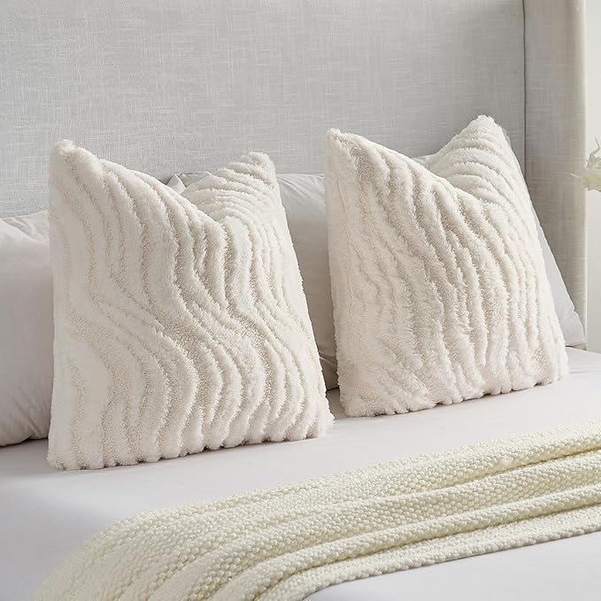 FUTEI White Decorative Throw Pillow Covers 12x20 Inch Set of 2,Soft Faux Fur Geometric Shapes Texture Pillowcase,Boho Home Decor for Couch Bed Living Room