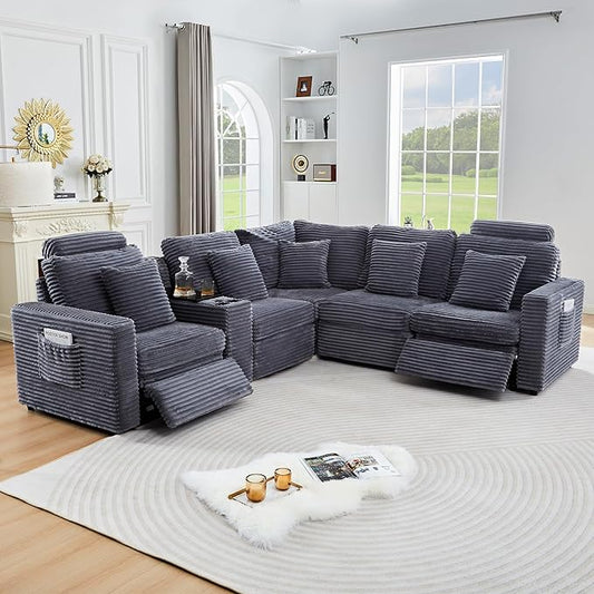 Oversized Modular Sectional Sofa with 2 Power Reclining, Electric Recliner Couch with Storage Console and Adjustable Headrest, Plush Corduroy Fluffy 5 Seat Corner Sofa for Living Room-Blue Grey