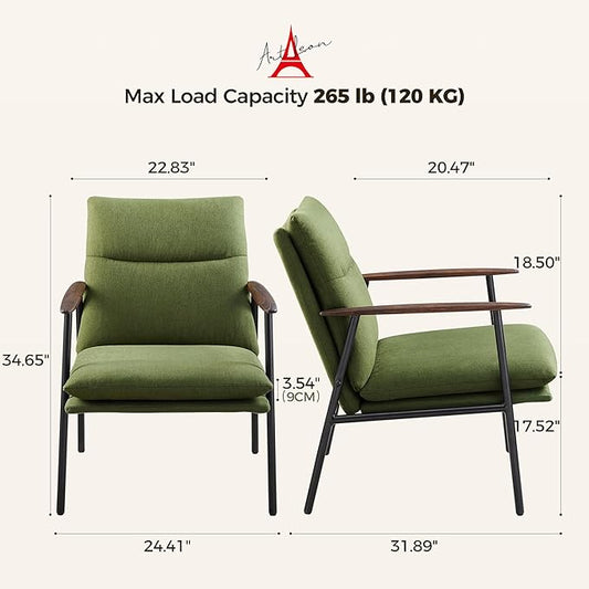 Art Leon Modern Accent Chair - Upholstered Fabric Lounge Chair with Wood Armrests Ergonomic Reading Chair with Metal Frame Living Room Chair for Bedroom, Office Green