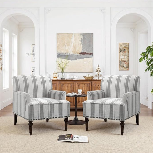 Pia Ricco Stripe Accent Chairs 2 Pack - Modern Nailhead Trim Armchairs with Wood Legs, Comfy Living Room Bedroom Home Office Seating-Gray
