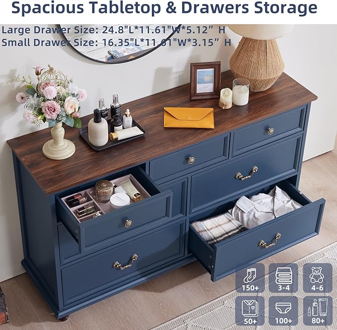 Bedroom Sets, 54" Wide 7 Drawers Dresser and 37" Tall 4 Drawers Dresser, Wooden 2 Piece Bedroom Furniture Set, Chest of Drawer for Bedroom, Home, Living Room, Hallway, Navy Blue