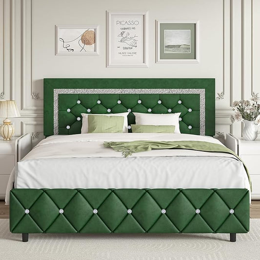 BarnFurin Queen Size Bed Frame with Headboard, Faux Leather Upholstered Bed with Diamond Tufted Design, Modern Bed Frame with Wooden Slats Support, No Box Spring Required, Easy Assembly, Green
