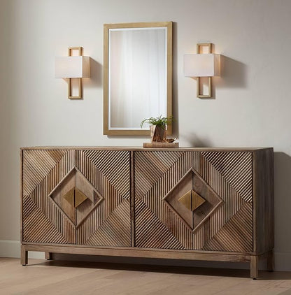 Possini Euro Design Modena Modern Wall Light Sconces Set of 2 French Brass Gold Hardwired 9 1/2" Fixture Off-White Faux Silk Half Shade for Bedroom Bathroom Vanity Living Room Home Hallway Dining