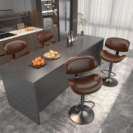 Bar Stools Set of 2, Bar Stools for Kitchen Island with Bentwood Back and Leather Seat, Swivel Barstools for Kitchen Counter, Bar, Brown