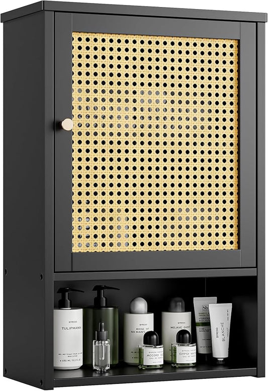 Bathroom Wall Cabinet, Bamboo Over-The-Toilet Storage Organizer with Rattan Doors and Adjustable Shelf, Space Saver Medicine Cabinet for Laundry, Kitchen, Living Room (Black)