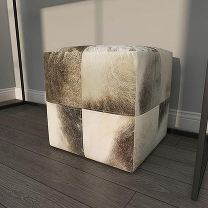 Deco 79 Leather Handmade Living Room Stool Cowhide Patchwork Ottoman, Foot Stool 16" x 16" x 16", Gray