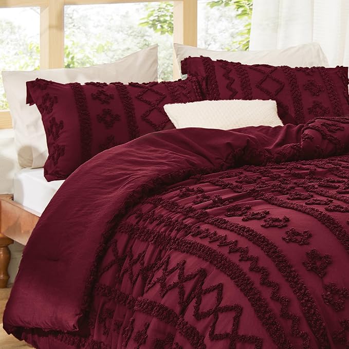 Bedsure Tufted Boho Comforter Set Twin Size - Dark Red Boho Bed Set, GentleSoft™ 2 Pieces Farmhouse Shabby Chic Embroidery Bedding, Gifts for Woman, Soft Jacquard Twin Comforter for All Seasons