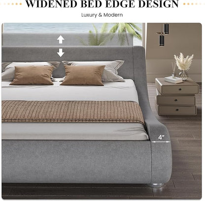 SHA CERLIN Queen Size Upholstered Bed Frame, Deluxe Low Profile Sleigh Bed with Linen Ergonomics Headboard, No Box Spring Needed & Easy Assembly, Grey