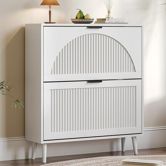 Shoe Cabinet for Entryway with 2 Flip Drawers, Slim Wooden Shoe Storage Organizer with Modern Fluted Pannel，Freestanding Narrow Hidden Shoe Rack for Hallway, Foyer, Living Room