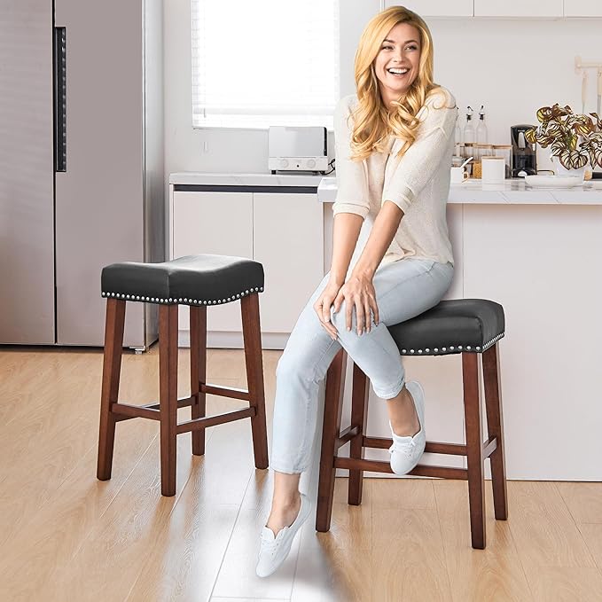 PrimeZone Counter Height Bar Stools Set of 8 - Backless Saddle Barstools with 4.3" Thick Upholstered, Nailhead Trim Faux Leather & Solid Wood Legs, 26 Inch Counter Stools for Kitchen Island, Black