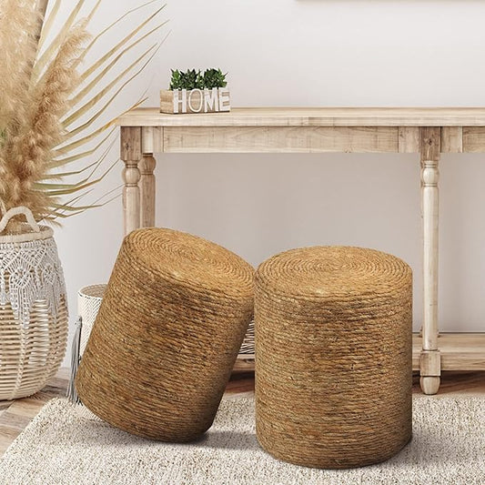 Wimarsbon Round Pouf Ottomans, Handwoven Natural Water Hyacinth Seagrass Pouffe,Outdoor Rattan Stool Accent Seat, Bohemian Coastal Home Decor (2pcs 14inch Natural Cattail)