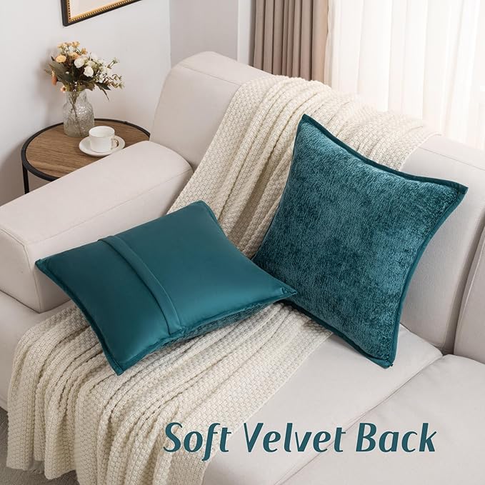 FUTEI Teal Chenille Throw Pillow Covers 16x16 Inch Set of 2,Soft Cozy Bound Edge Design Cushion Case,Home Decor for Couch Bed Living Room