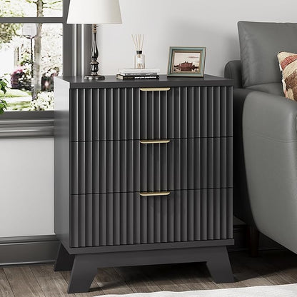 Fluted Nightstand, 24" Wide Side Table with 3 Large Storage Drawers, Mid Century Modern Wood Night Stand with Metal Handle, Wooden Bedside End Table for Bedroom, Living Room, Closet, Black
