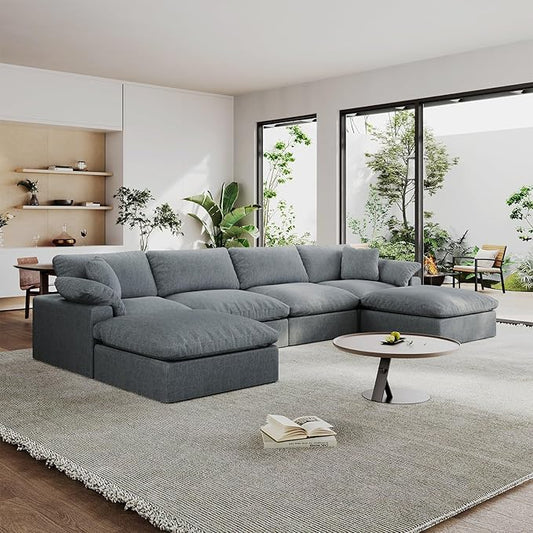 Modular Sectional Sofa Cloud Couch,Down Filled Comfy Cloud Modern Sofa,Light Blue Linen U Shape 6 Seater Oversized Couch Cushion Covers Removable for Living Room