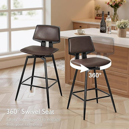 VECELO Swivel Leather Bar Stools Set of 2, Counter Height Barstools with Back, Metal Legs, 35.2-Inch Tall Barstools for Kitchen Island, Home Bar, Cafe, Brown
