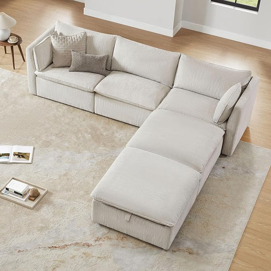 CHITA Luxury Oversized 114" L-Shaped Sectional Sofa Couch, Premium Down Filled Cloud Modular Sectional with 2 Storage Ottomans, FSC Certified, 5 Seat for Living Room, Snow