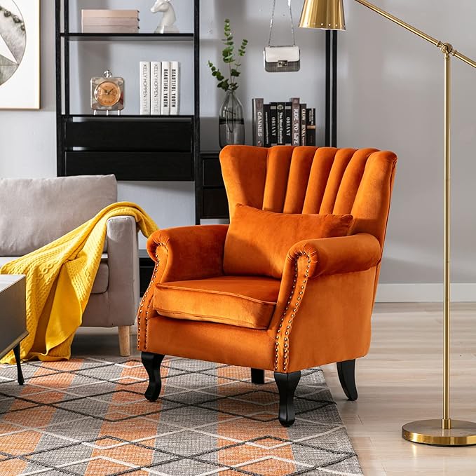 Accent Reading Arm Chairs Set of 2 Midcentury Modern Comfy Corner Sofa Chair, Wingback Waiting Room Club Chair with Tufted Back for Living Room/Bedroom/Reception Room, Velvet Orange