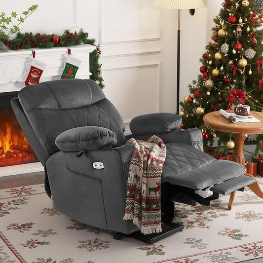 MCombo Small Size Triple Motor Power Lift Recliner Chair Sofa with Massage and Dual Heating, Adjustable Headrest for Elderly People Petite, USB Ports, Extended Footrest, Fabric 7222 (Dark Grey)