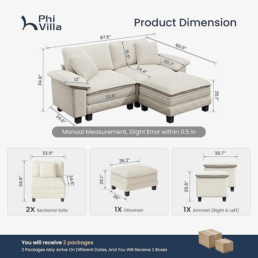 PHI VILLA Cloud Modular Couches Sets, 87.5" Sectional Loveseat Sofa with 1 Movable Ottoman, 3-Seater Comfy Couches for Living Room Apartment, Chenille & Corduroy Dual Fabric, Beige